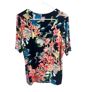 Chicos Navy Tropical Floral Top Chicos Size 2/US size 12 Scoop Neck Short Sleeve